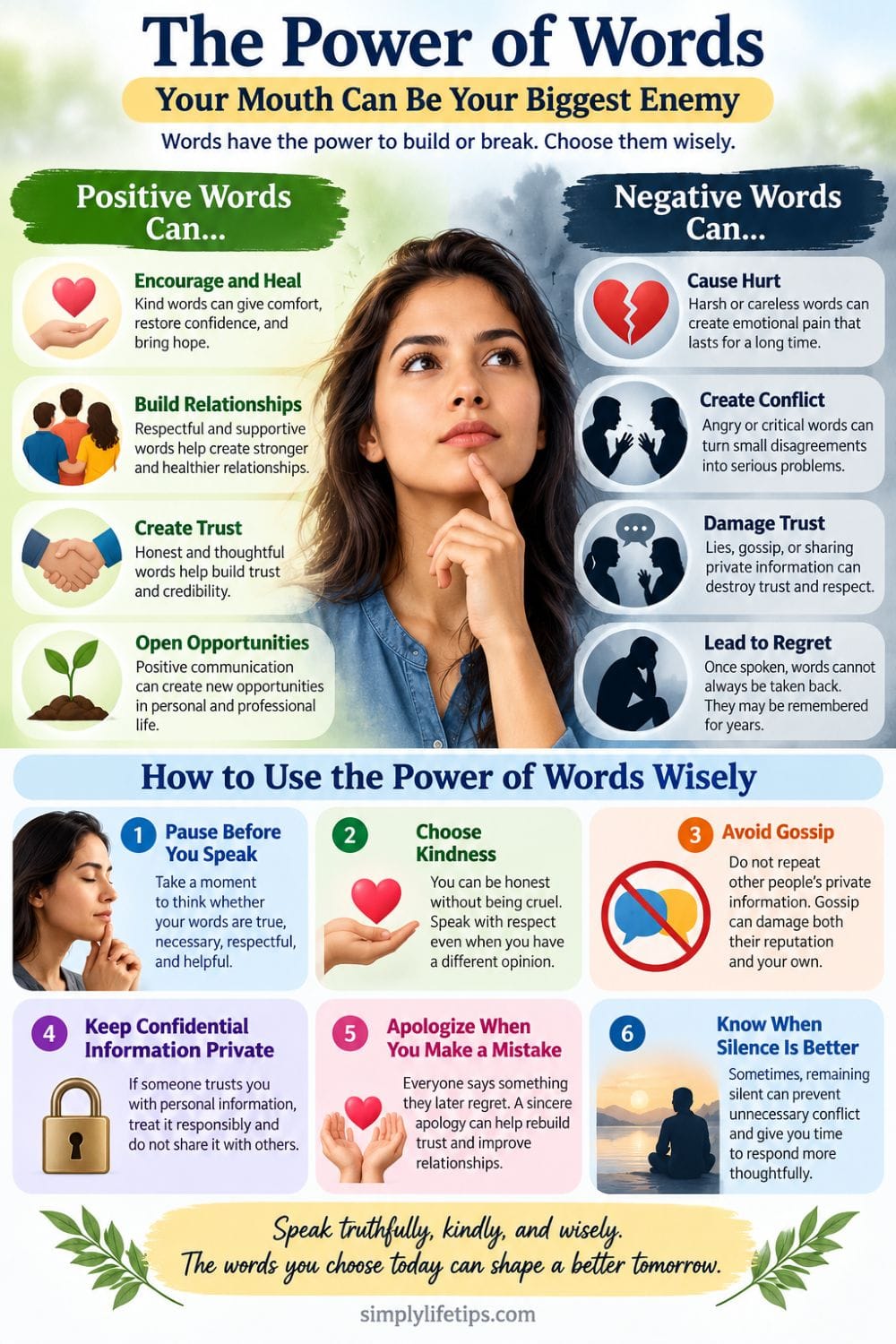 The power of words infographic showing how positive and negative words affect relationships and trust