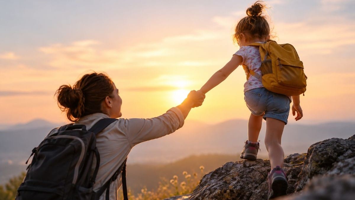 Mother encouraging a child to face a challenging outdoor climb